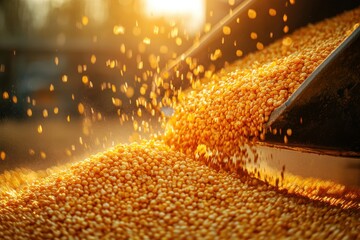 Corn grains pouring from storage bin during harvest, close-up of golden tones