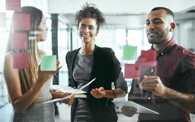 Sticky notes, man and women in team, laughing and collaboration of people and smile for paperwork. Notebook, talking and financial advisor in group, document and planning for investment opportunity