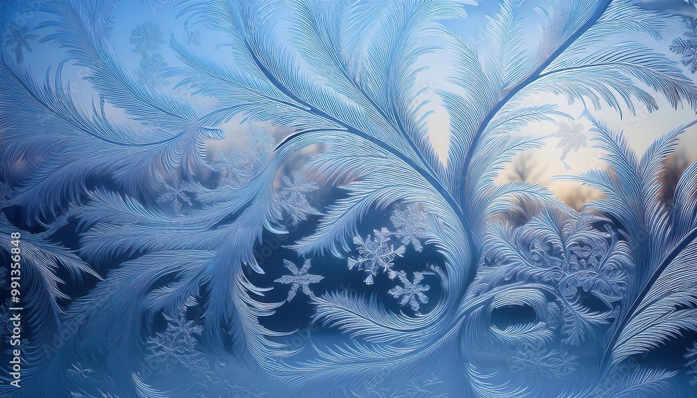 Aufkleber intricate frost patterns on a windowpane. delicate ice feathers and snowflakes against a soft blue w