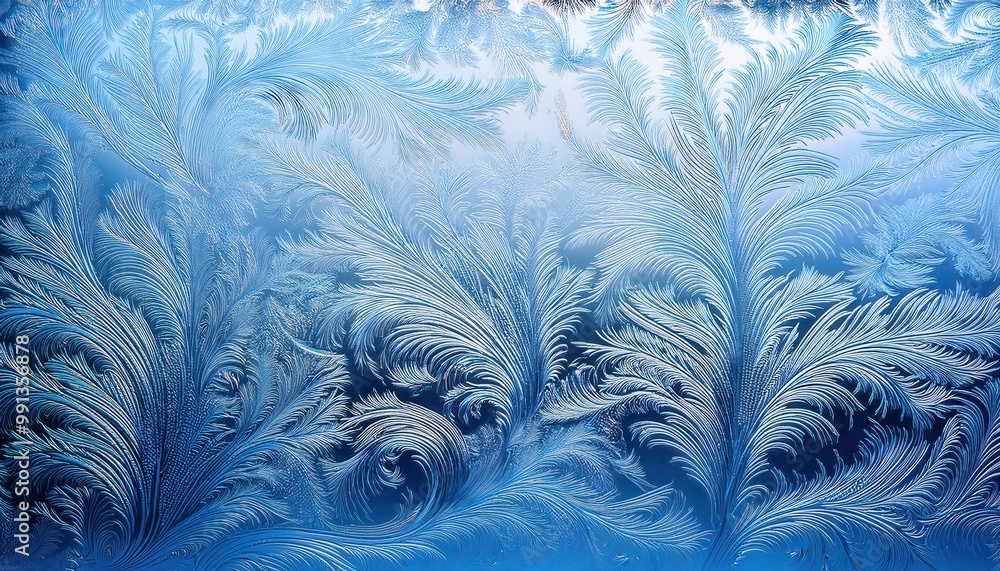 Aufkleber intricate frost patterns on a windowpane. delicate ice feathers and snowflakes against a soft blue w