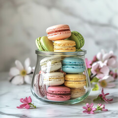 A Jar of Pastel Dreams: A delightful assortment of colorful macarons arranged in a glass jar, surrounded by delicate pink blossoms, evokes a sense of sweetness and indulgence.  