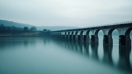 A dam structure in the distance with a serene lake stretching in front. Open sky and calm water surface offer great copy space.