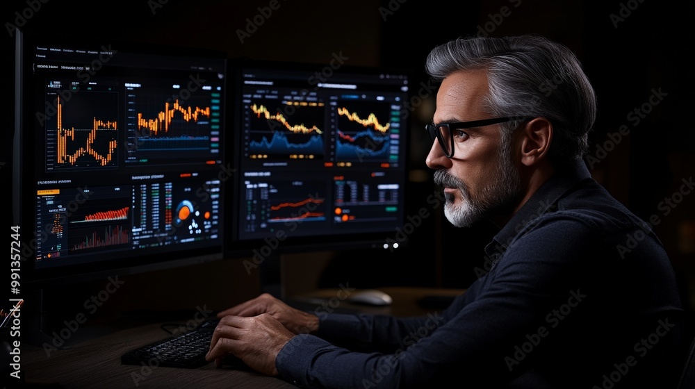 Poster the data analyst: a focused and determined man, illuminated by the glow of his computer screens, met