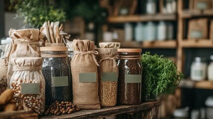 A rustic display of jars and bags filled with various grains and herbs in a cozy shop setting.