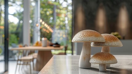 Minimalist Decor with Wooden Mushrooms and Natural Light