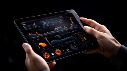 Data Driven Decisions: Hands holding a tablet displaying a futuristic data dashboard, showcasing the power of data analytics for informed decision-making. 