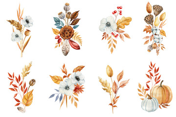 Set Fall composition with pumpkins, flowers and dry leaves isolated. Elegant autumn flora watercolor painting for design