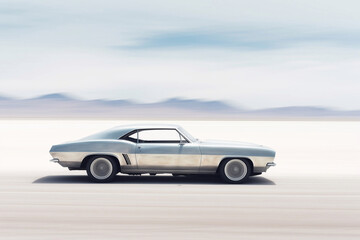 Silver muscle car speeding in desert. Generative ai