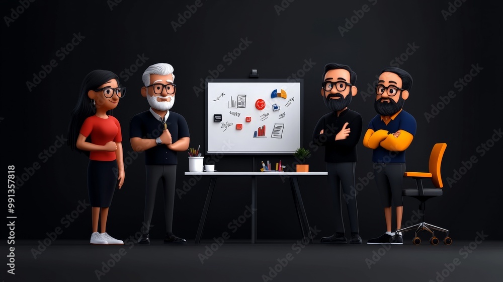 Poster the brainstorming crew: a team of four diverse 3d cartoon characters collaborate in a modern office 