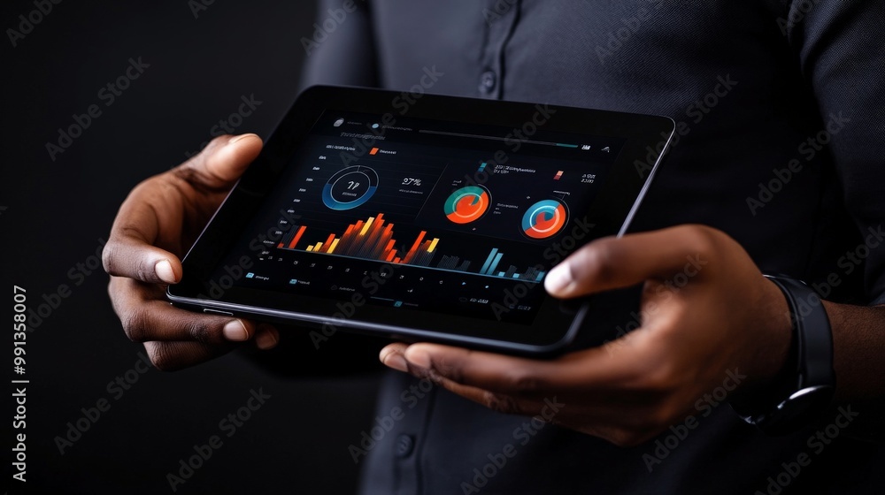 Poster analyzing the data: a close-up of a man's hands holding a tablet, showcasing a captivating display o