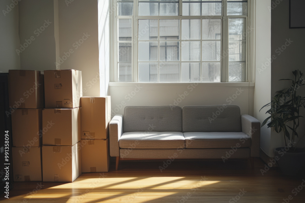 Aufkleber sunlight streaming through window illuminating a minimalist living room with a sofa and stack of mov