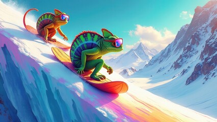 This imaginative image displays two green lizards wearing goggles, expertly riding snowboards down a steep and snowy mountain terrain, symbolizing a fantastical blend of wildlife and extreme winter sp