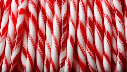 Close-Up of Classic Red and White Candy Canes with Twisted Stripes, Showing Shiny Surface and Perfectly Aligned Festive Patterns for Holiday Themes and Christmas Treat Advertising