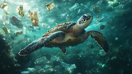 Fototapeta premium A sea turtle swims through polluted waters filled with plastic waste, highlighting environmental issues.