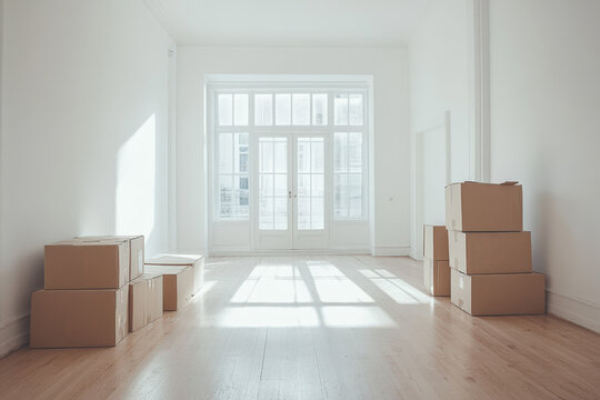 Moving cardboard boxes are waiting to be unpacked in a new, empty apartment