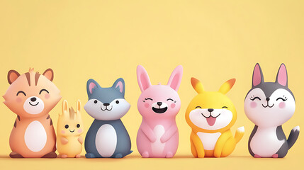 Naklejka premium Cute cartoon animals with big, happy smiles, spreading joy and positivity