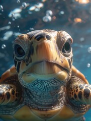 Underwater close-up of turtle's face looking at camera with eyes and mouth visible