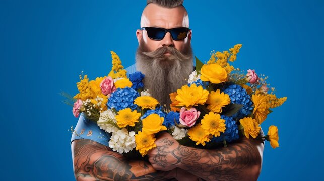 Brutal rocker with big beard in sunglasses with flowers bouqet on blue. Generative ai