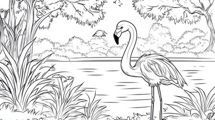 Flamingo in a Lush Tropical Landscape