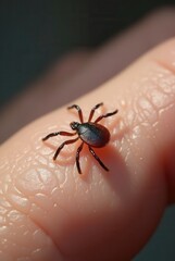 Obraz premium A tick crawls on a person's hand, showcasing its intricate details against the skin. The setting hints at a sunny day, raising awareness about outdoor pests and the importance of checking for ticks af