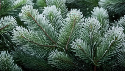 Close-Up of Snow Kissed Evergreen Pine Branches with Frost Accents, Showcasing Crisp Needles in a Lush Green Texture. Serene Winter Nature Holiday Christmas New Year Background