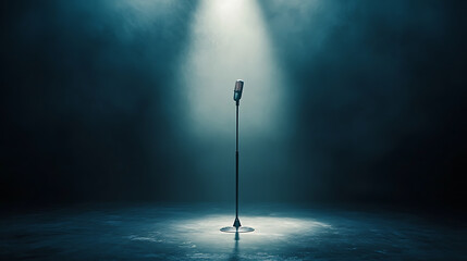 Empty concert stage with a single, intense spotlight illuminating the microphone stand