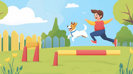 Naklejka premium Joyful background with a person and their dog playing in a field of wildflowers on a bright, sunny day