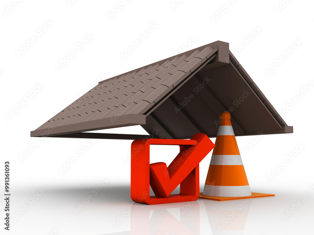 Poster 3d illustration checkbox tick protected home with traffic cone