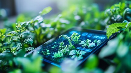 A smartphone displaying plant data amidst lush greenery, highlighting technology in agriculture.