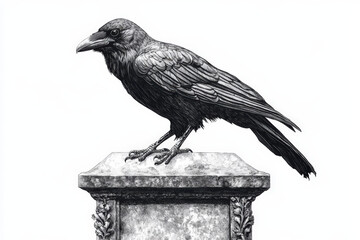 Fototapeta premium Black and white illustration of a crow standing on a stone pedestal, reminiscent of traditional engraving techniques