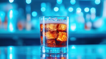 Glass of Soda with Ice and LED Bar Background