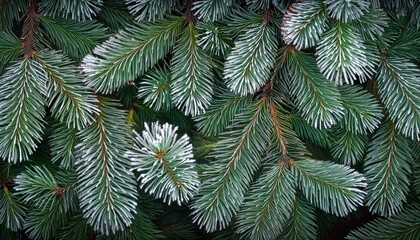 Close-Up of Snow Kissed Evergreen Pine Branches with Frost Accents, Showcasing Crisp Needles in a Lush Green Texture. Serene Winter Nature Holiday Christmas New Year Background