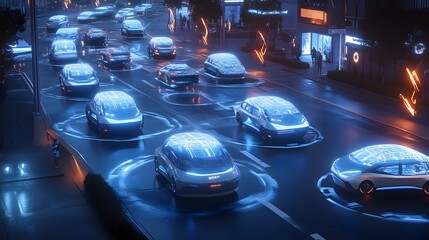 Fototapeta premium AI systems controlling autonomous vehicles in a futuristic city