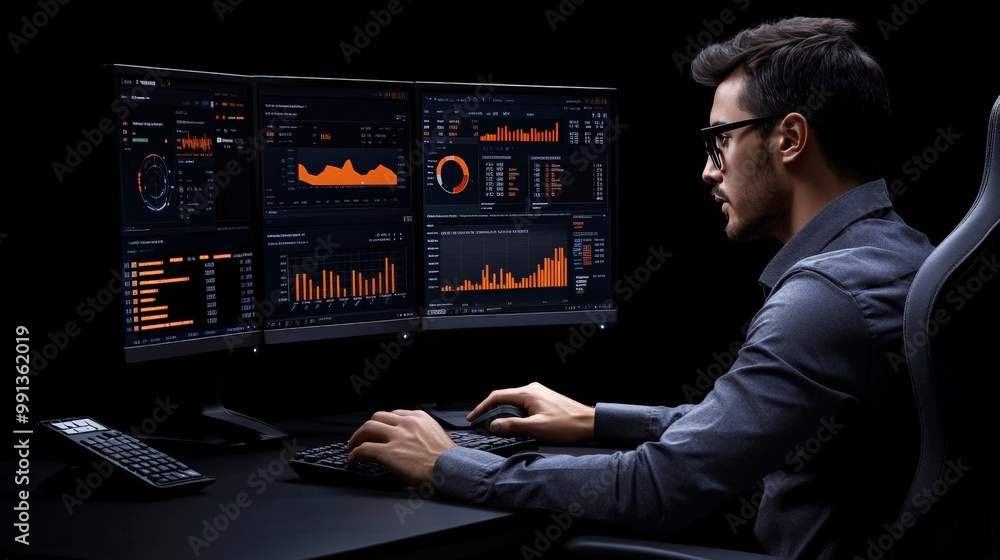 Poster focused on data: a young, professional man sits before a multi-monitor setup, eyes intently fixed on