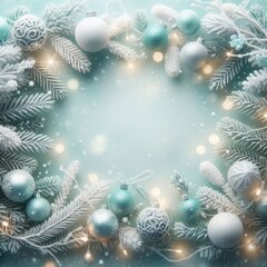 A magical snowy holiday frame decorated with sparkling blue and white ornaments and winter foliage. Perfect for winter celebrations, invitations, or seasonal messages.