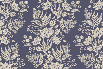 Vintage Floral pattern wallpaper seamless embroidery Ikat textured white flowers on indigo blue background border Denmark ethnic  motif traditional. Aztec style abstract vector illustration design.