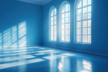 Sunlit Serenity: A room bathed in soft, blue light, the elegant arched windows casting long, slender shadows across the polished floor, evokes a sense of tranquility and peace. 