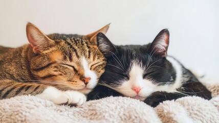 Fototapeta premium Two cats cuddled together on a fluffy blanket, enjoying a quiet nap cats napping, home comfort