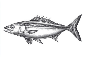 Vintage style illustration of a fish swimming right, engraved style