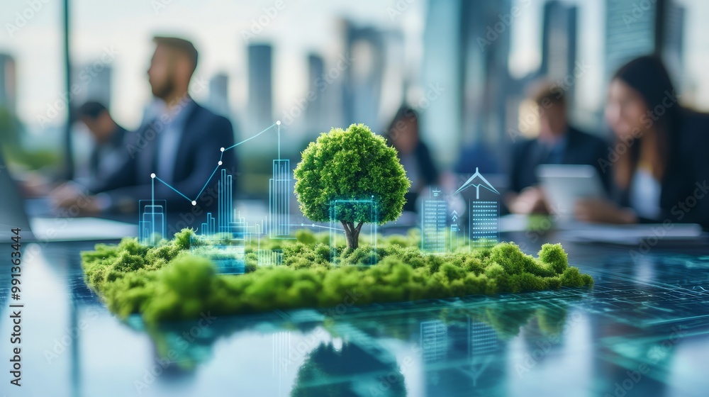 Poster a tree model on a digital table symbolizes sustainable business practices and growth.