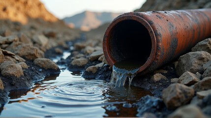 A rusty pipe releases water into a small pool in a barren desert landscape, with rocky hills in the background under soft sunlight.