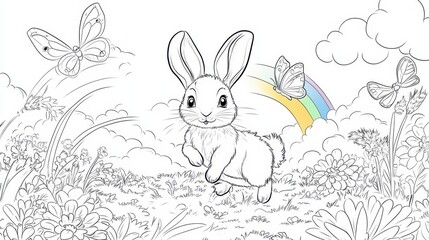 Obraz premium A Cute Bunny in a Meadow with Butterflies and a Rainbow