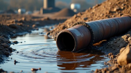 A rusty pipe releases water into a small pool in a barren desert landscape, with rocky hills in the background under soft sunlight.