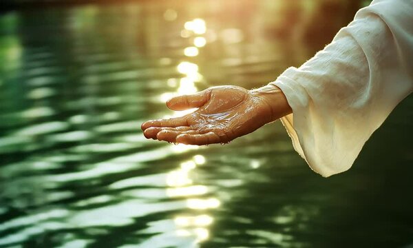 
Close-up of jesus christ reaching out hand over calm water outdoors