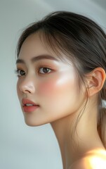 Fototapeta premium Flawless Female Skin Model, Radiant Complexion Showcased in Studio, Embodying Natural Beauty and Serene Elegance.