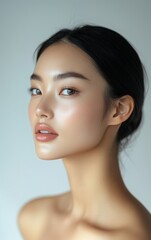 Naklejka premium Flawless Female Skin Model, Radiant Complexion Showcased in Studio, Embodying Natural Beauty and Serene Elegance.