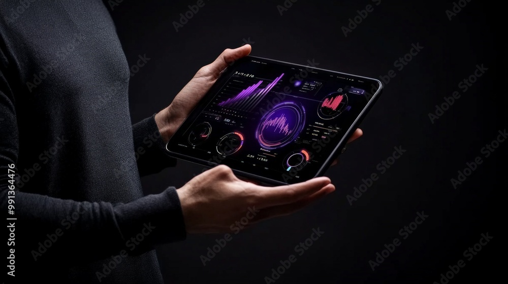 Poster data driven decisions: a close-up shot of hands holding a tablet displaying a vibrant data dashboard
