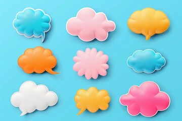 Bright colored speech bubbles in different styles and sizes, set against a light blue background.