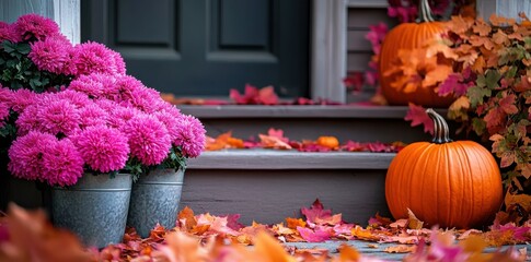 Autumn porch decor with pink chrysanthemums, pumpkins, and fall leaves, space for text