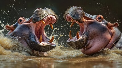 Fototapeta premium A pair of hippos play-fighting in the water, splashing wildly as they face off with their mouths wide open.